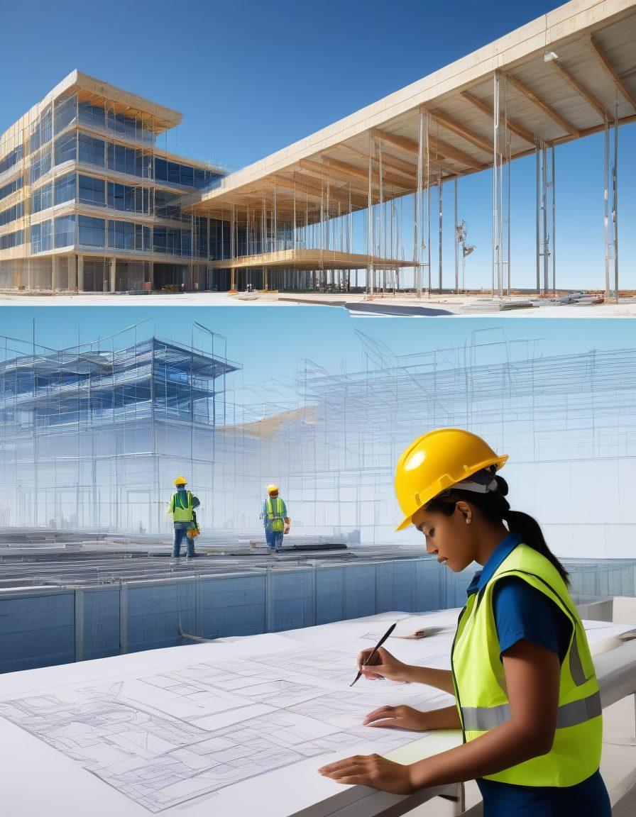 A split image showing a government building on one side and a diverse group of contractors discussing plans on the other. Include visual elements like grading scales and checklists floating above them to symbolize evaluation. Incorporate elements such as blueprints, hard hats, and paperwork to enhance the concept of construction and assessment. The setting should have a modern and professional vibe with a bright color palette to evoke optimism and progress. super-realistic. vibrant colors. 3D.