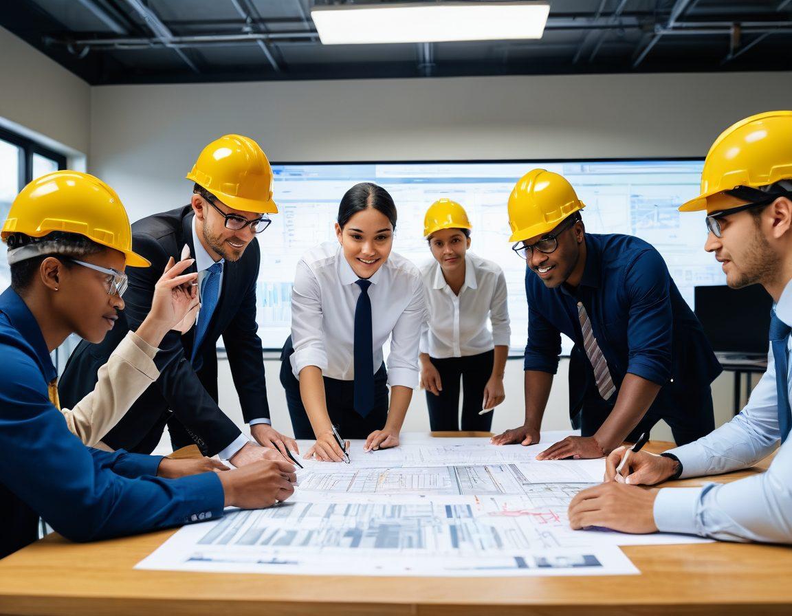 A diverse group of contractors engaged in a collaborative meeting, surrounded by blueprints and project plans, showcasing a digital evaluation tool on a laptop screen. A bright and optimistic atmosphere with subtle government-related symbols in the background, representing transparency and quality. Include diverse ethnicities among the contractors to promote inclusivity. super-realistic. vibrant colors. soft-focus background.