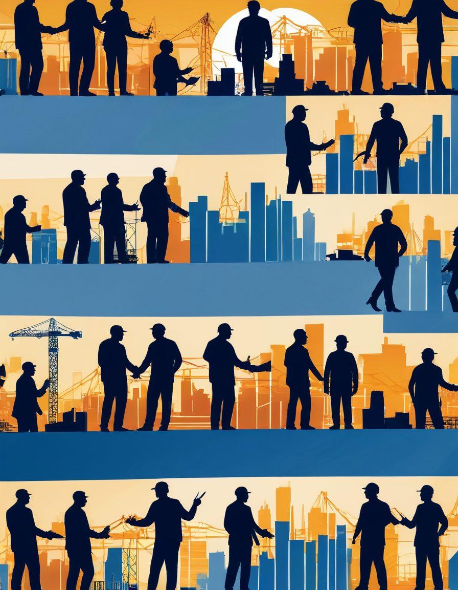 A collage of various performance metrics like bar charts, pie charts, and line graphs, intertwined with silhouettes of reliable contractors shaking hands, symbolizing trust and collaboration. Include a backdrop of a construction site under a blue sky, with a golden sunlight illuminating the scene. Emphasize warm colors to convey positivity and reliability. super-realistic. vibrant colors. white background.